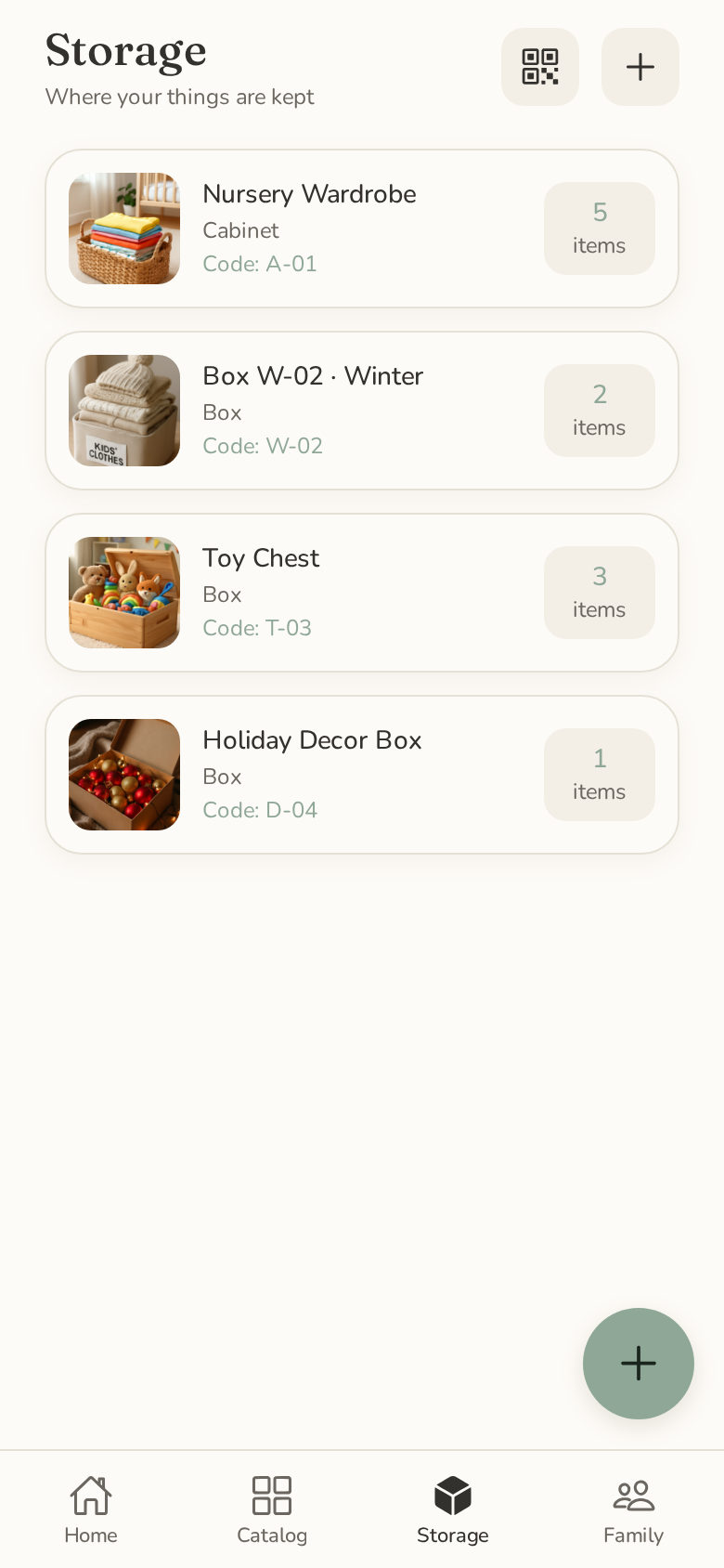 Family Things app showing storage places and boxes